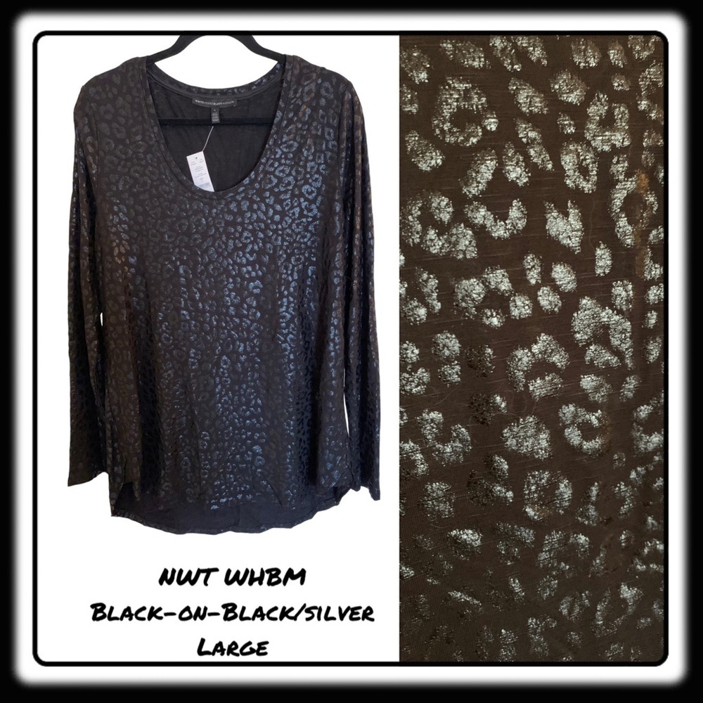 NWT WHBM Black-on-Black/silver animal print lightweight top Large